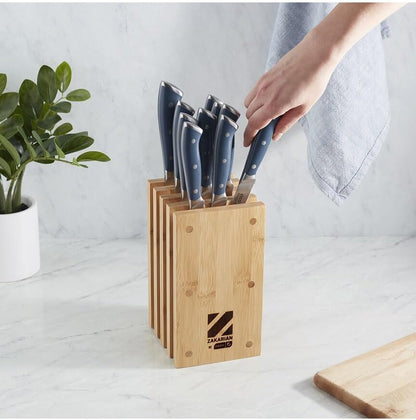 Zakarian 11-Piece German Steel Kitchen Knife Set with 7" Chef, 5" Santoku, 5" Serrated Utility, 3.5" Paring, 6 Steak Knives and Magnetic Bamboo Knife Block, Black