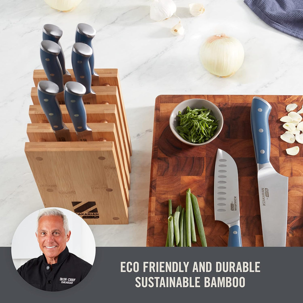 Zakarian 11-Piece German Steel Kitchen Knife Set with 7" Chef, 5" Santoku, 5" Serrated Utility, 3.5" Paring, 6 Steak Knives and Magnetic Bamboo Knife Block, Black