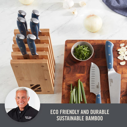 Zakarian 11-Piece German Steel Kitchen Knife Set with 7" Chef, 5" Santoku, 5" Serrated Utility, 3.5" Paring, 6 Steak Knives and Magnetic Bamboo Knife Block, Black