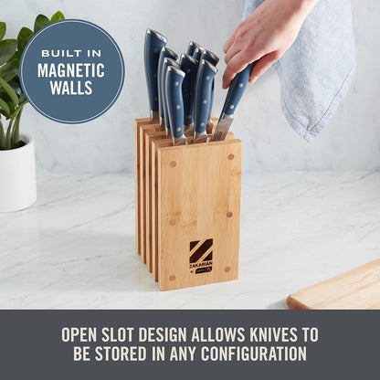 Zakarian 11-Piece German Steel Kitchen Knife Set with 7" Chef, 5" Santoku, 5" Serrated Utility, 3.5" Paring, 6 Steak Knives and Magnetic Bamboo Knife Block, Black