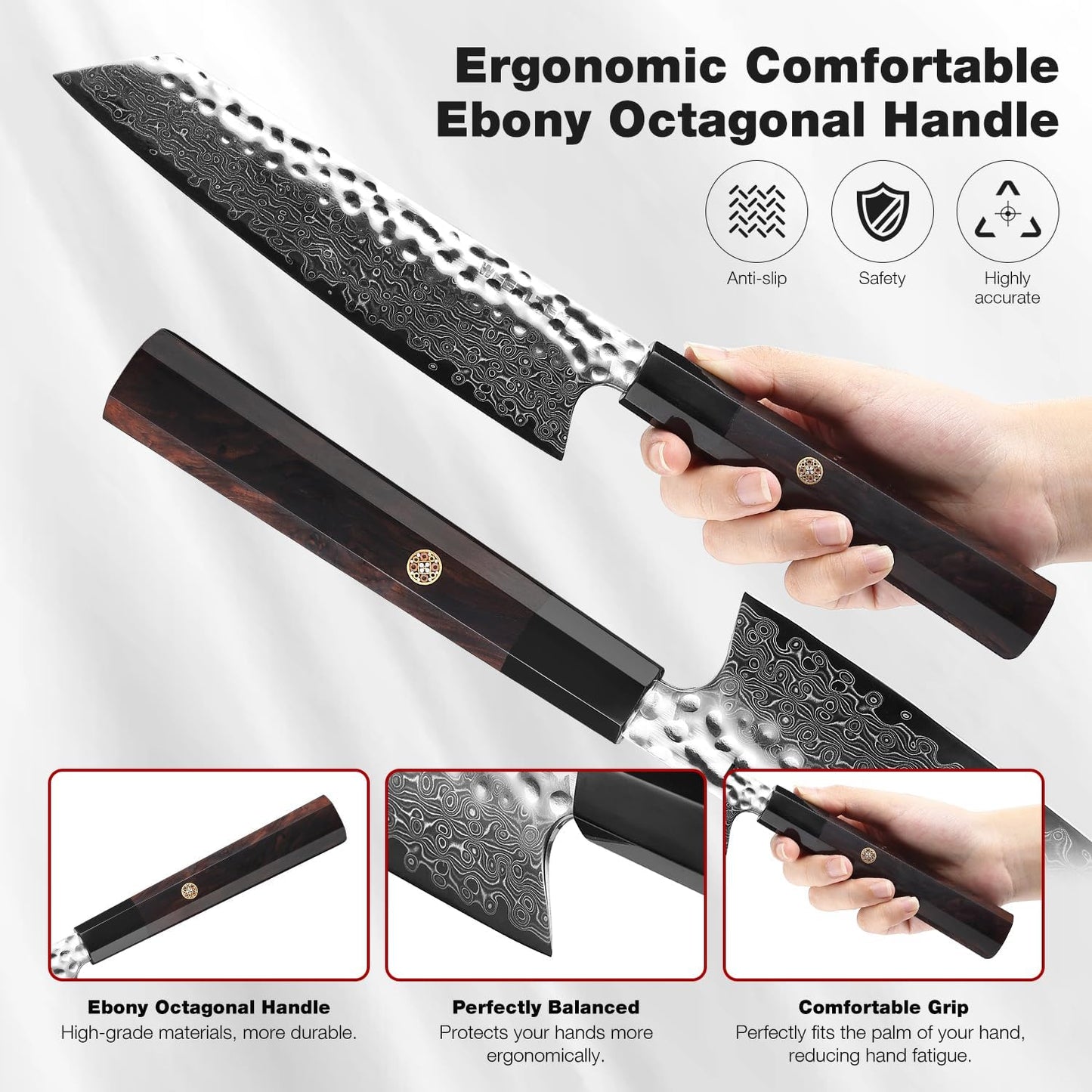 Kiritsuke Chef Knife 8 Inch, Hand-forged 67-Layer VG10 High Carbon Steel Japanese Damascus Chef Knife, Ultra Sharp Hammered Damascus Chef Knife with Octagonal Ebony Handle & Gift Box