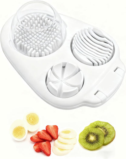 3-In-1 Egg Slicer, White | Stainless Steel, Heavy Duty, For Hard Boiled Eggs, Fits Strawberry Apple Banana Cherry Tomato