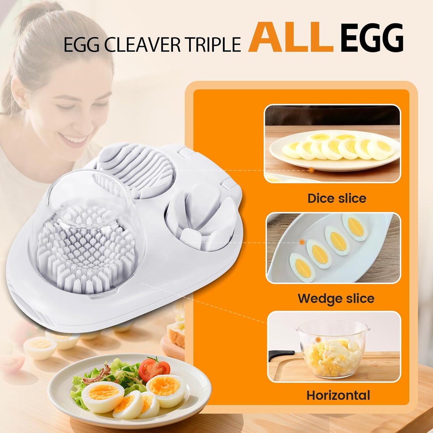 3-In-1 Egg Slicer, White | Stainless Steel, Heavy Duty, For Hard Boiled Eggs, Fits Strawberry Apple Banana Cherry Tomato