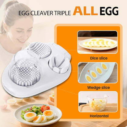 3-In-1 Egg Slicer, White | Stainless Steel, Heavy Duty, For Hard Boiled Eggs, Fits Strawberry Apple Banana Cherry Tomato
