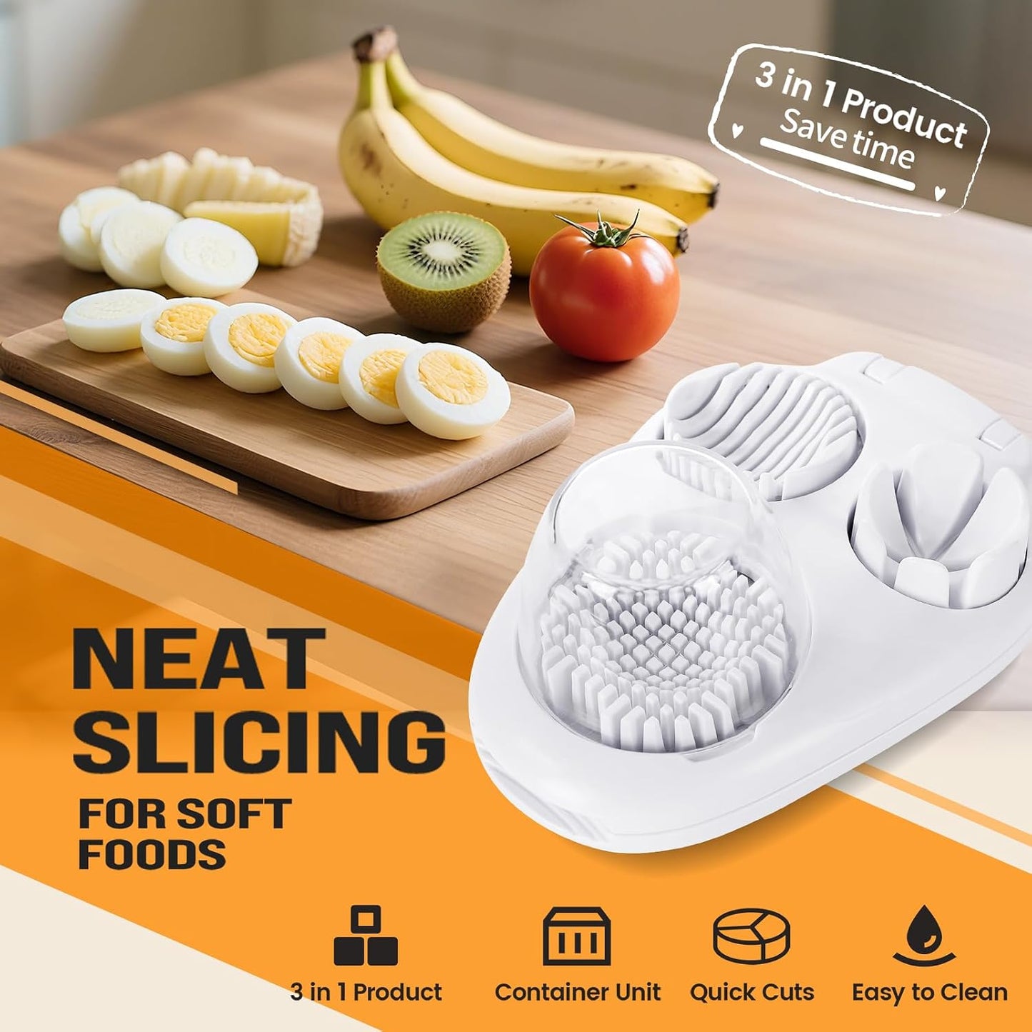 3-In-1 Egg Slicer, White | Stainless Steel, Heavy Duty, For Hard Boiled Eggs, Fits Strawberry Apple Banana Cherry Tomato