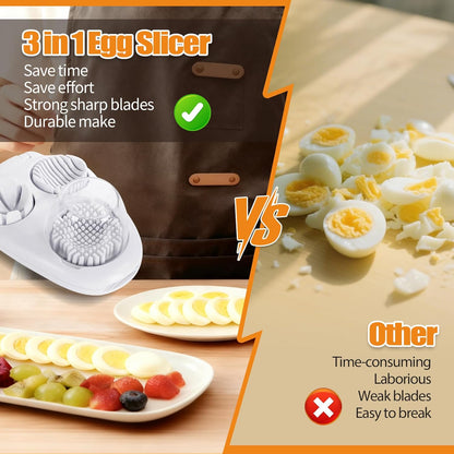 3-In-1 Egg Slicer, White | Stainless Steel, Heavy Duty, For Hard Boiled Eggs, Fits Strawberry Apple Banana Cherry Tomato