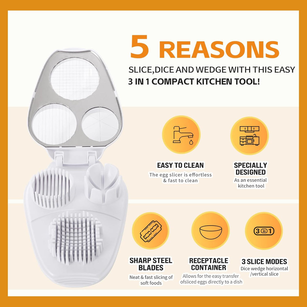 3-In-1 Egg Slicer, White | Stainless Steel, Heavy Duty, For Hard Boiled Eggs, Fits Strawberry Apple Banana Cherry Tomato