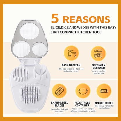 3-In-1 Egg Slicer, White | Stainless Steel, Heavy Duty, For Hard Boiled Eggs, Fits Strawberry Apple Banana Cherry Tomato