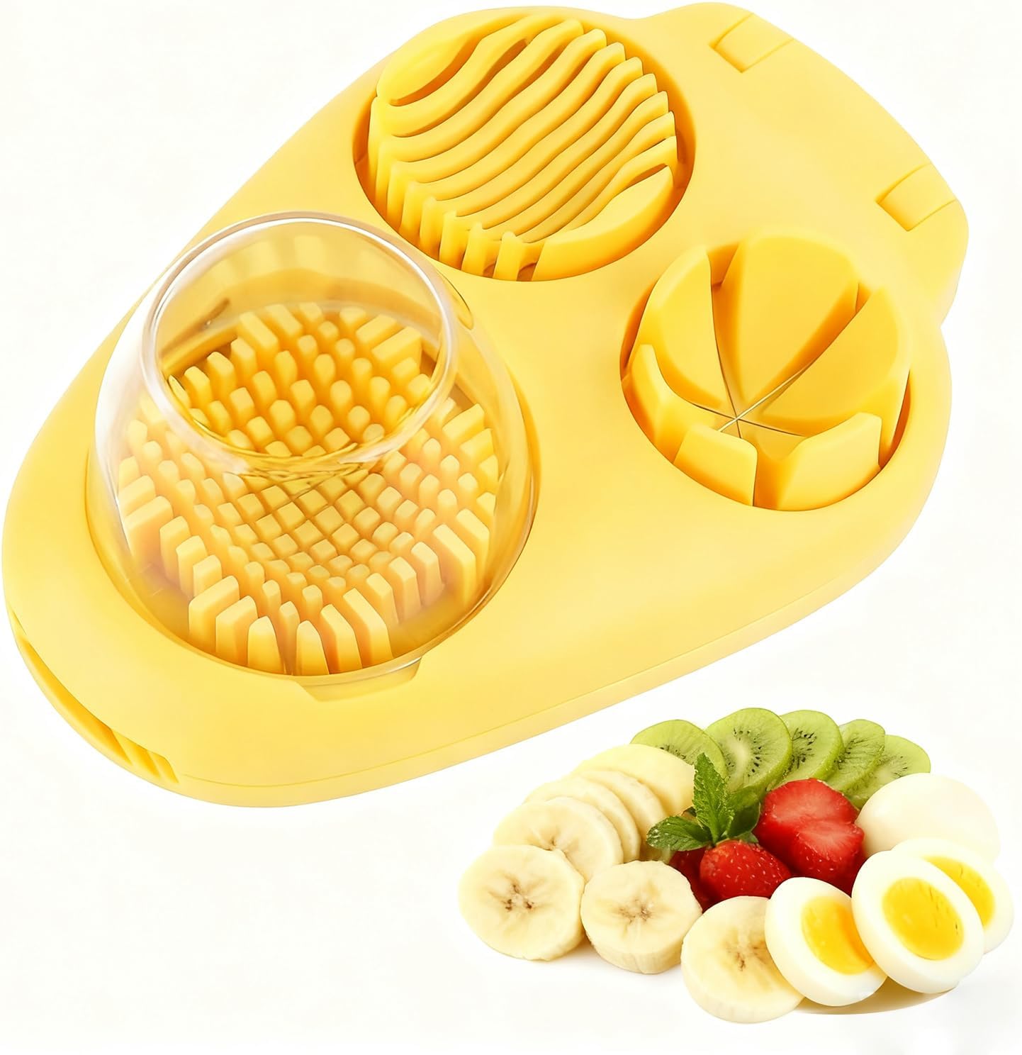 3-In-1 Egg Slicer, White | Stainless Steel, Heavy Duty, For Hard Boiled Eggs, Fits Strawberry Apple Banana Cherry Tomato