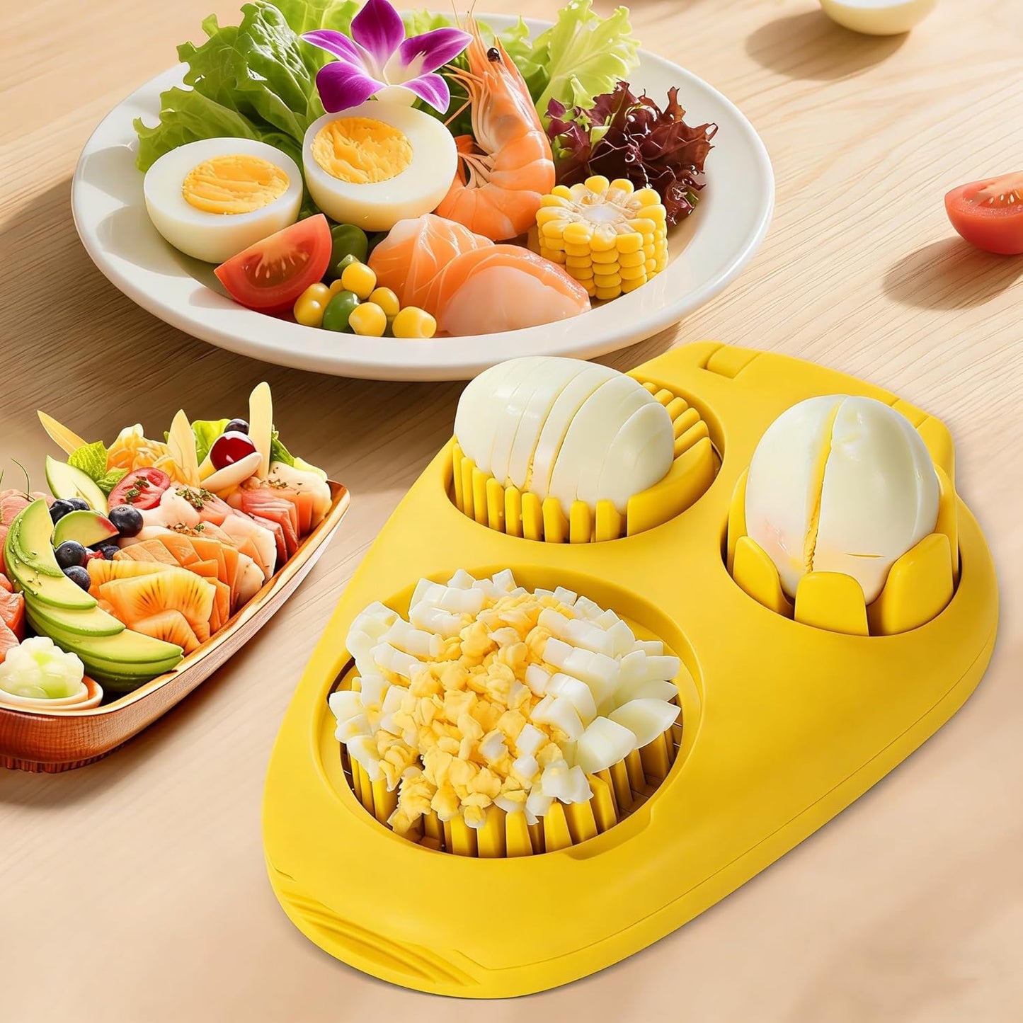 3-In-1 Egg Slicer, White | Stainless Steel, Heavy Duty, For Hard Boiled Eggs, Fits Strawberry Apple Banana Cherry Tomato