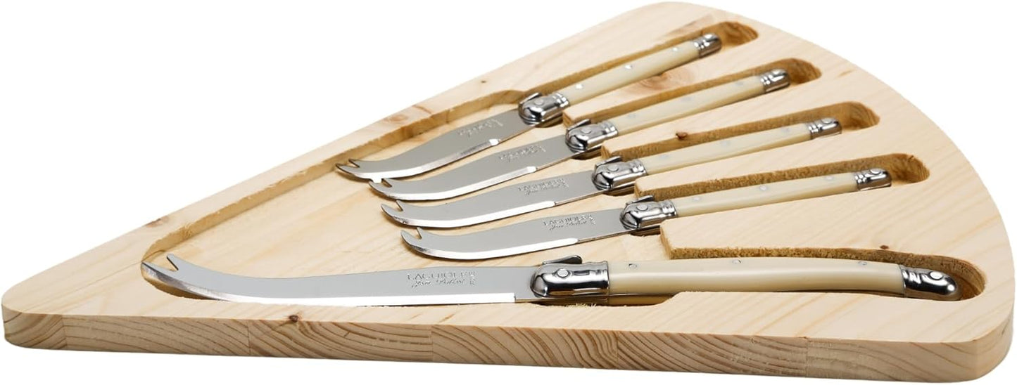 Laguiole 5-Piece Cheese Knife Set with Board, Ivory Handles - Rust-Resistant Stainless Steel - Made in France