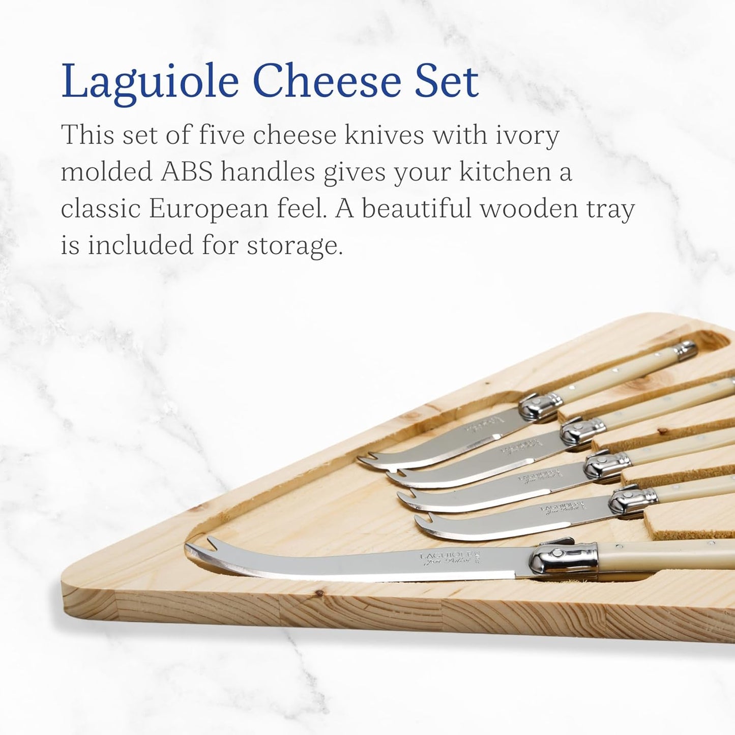 Laguiole 5-Piece Cheese Knife Set with Board, Ivory Handles - Rust-Resistant Stainless Steel - Made in France