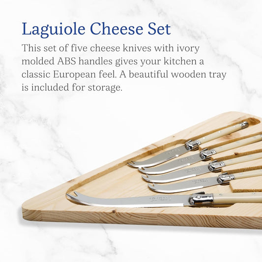 Laguiole 5-Piece Cheese Knife Set with Board, Ivory Handles - Rust-Resistant Stainless Steel - Made in France