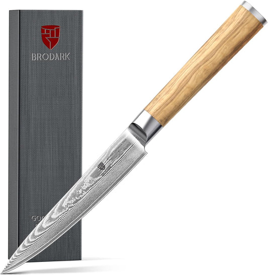 Damascus Paring Knife 5.5 Inch: Professional Japanese Utility Knife with Olive Wood Handle,Ultra Sharp Fruit Carving Knife,Kitchen Gadget for Precise Cutting,Gift Box