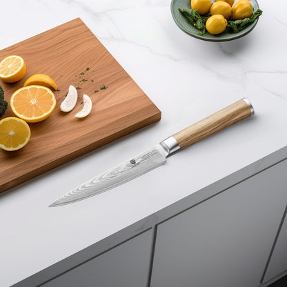 Damascus Paring Knife 5.5 Inch: Professional Japanese Utility Knife with Olive Wood Handle,Ultra Sharp Fruit Carving Knife,Kitchen Gadget for Precise Cutting,Gift Box