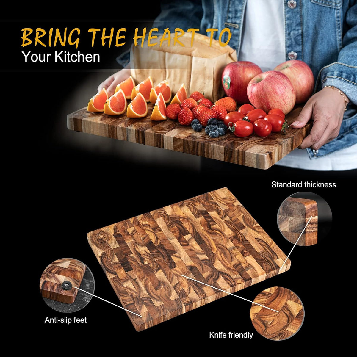 End Grain Cutting Board, Acacia Wood Cutting Board with Non-slip Feet,16" x 12" x 1",Reversible Thick Heavy-Duty Wooden Chopping Board, Large Butcher Block for Kitchen