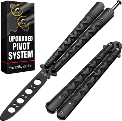 Butterfly Knife - Balisong Trainer - Black Practice Butterfly Trainer with Sure Spring Latch - Balisong Knives NOT Real NOT Sharp Blade - Full Stainless Steel Fake Dull Trick CSGO Fidget Toy K19 B