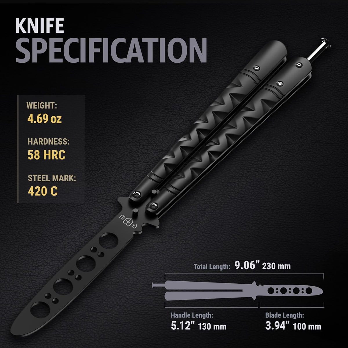 Butterfly Knife - Balisong Trainer - Black Practice Butterfly Trainer with Sure Spring Latch - Balisong Knives NOT Real NOT Sharp Blade - Full Stainless Steel Fake Dull Trick CSGO Fidget Toy K19 B