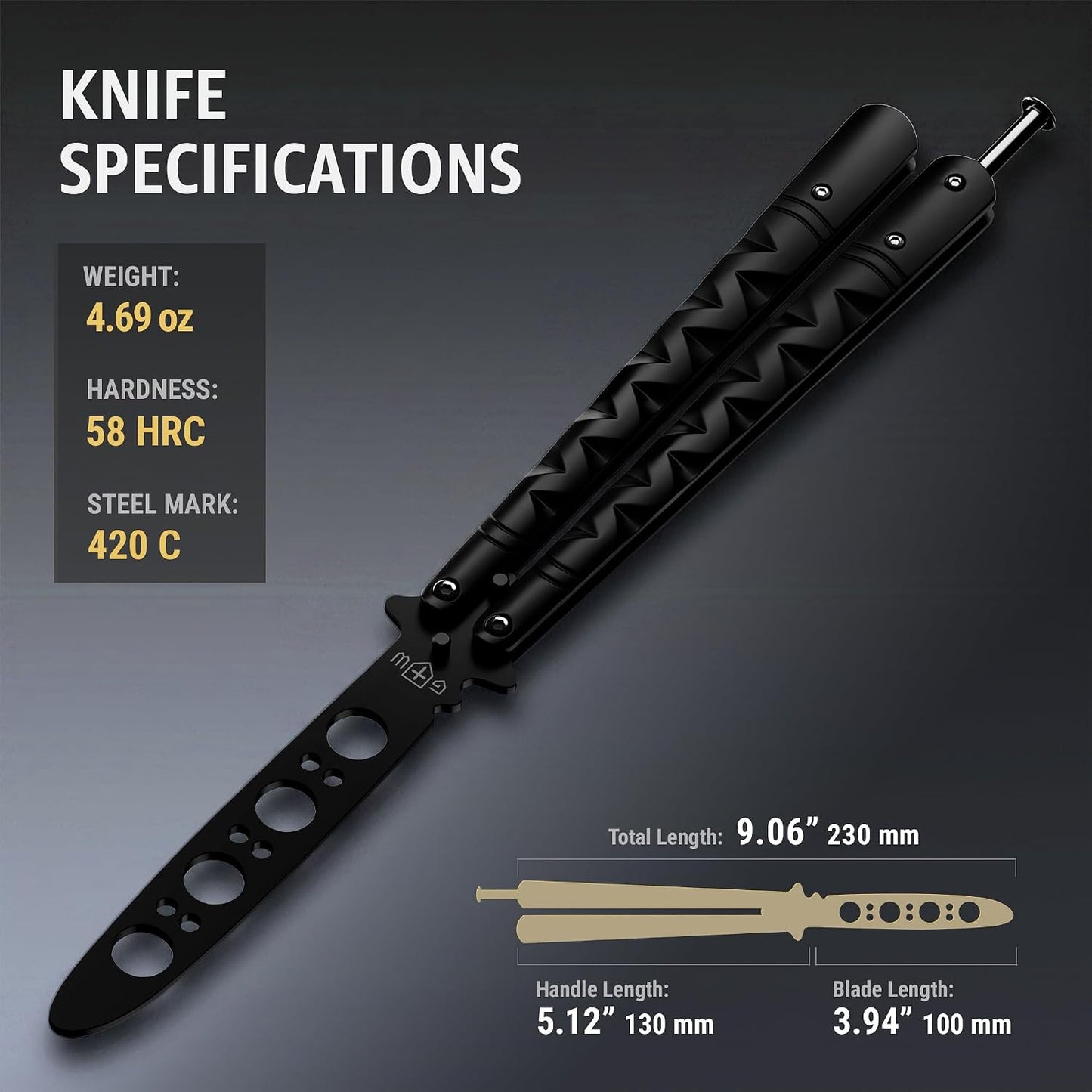 Butterfly Knife - Balisong Trainer - Black Practice Butterfly Trainer with Sure Spring Latch - Balisong Knives NOT Real NOT Sharp Blade - Full Stainless Steel Fake Dull Trick CSGO Fidget Toy K19 B