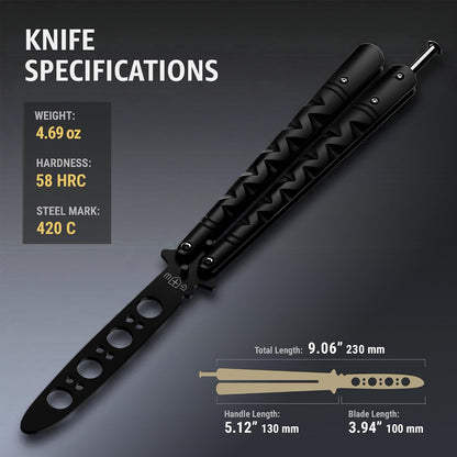 Butterfly Knife - Balisong Trainer - Black Practice Butterfly Trainer with Sure Spring Latch - Balisong Knives NOT Real NOT Sharp Blade - Full Stainless Steel Fake Dull Trick CSGO Fidget Toy K19 B