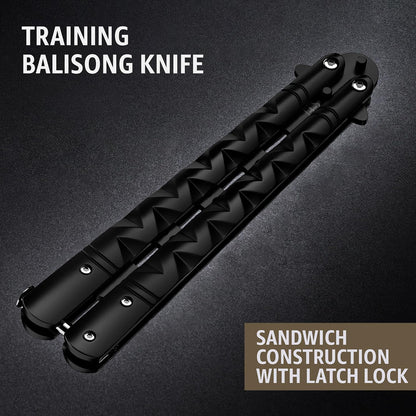 Butterfly Knife - Balisong Trainer - Black Practice Butterfly Trainer with Sure Spring Latch - Balisong Knives NOT Real NOT Sharp Blade - Full Stainless Steel Fake Dull Trick CSGO Fidget Toy K19 B
