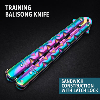 Butterfly Knife - Balisong Trainer - Black Practice Butterfly Trainer with Sure Spring Latch - Balisong Knives NOT Real NOT Sharp Blade - Full Stainless Steel Fake Dull Trick CSGO Fidget Toy K19 B