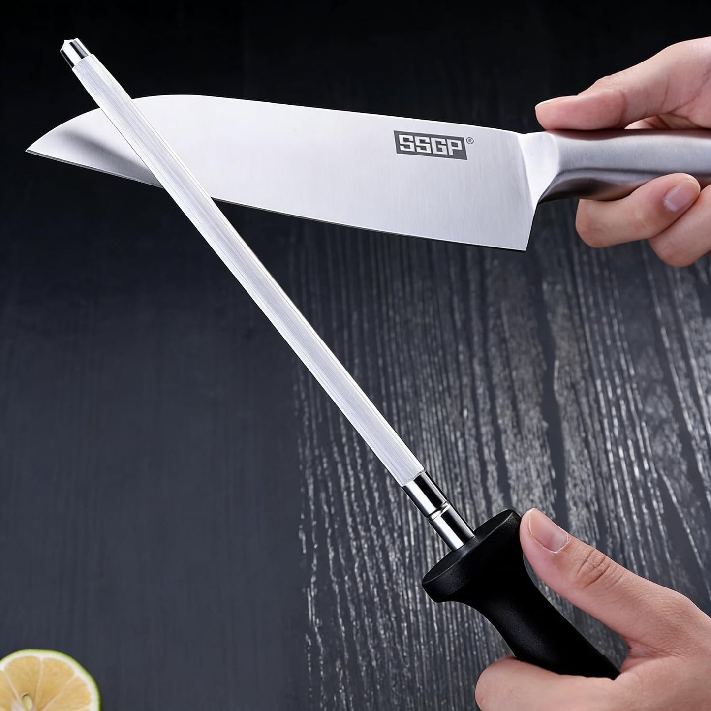 Kitchen Knife Sharpener Rod Honing Steel 8 Inches Professional Carbon Steel Knife Sharpening Honing Rod with Hanging Holes for Household, Chef, 13.2" Overall