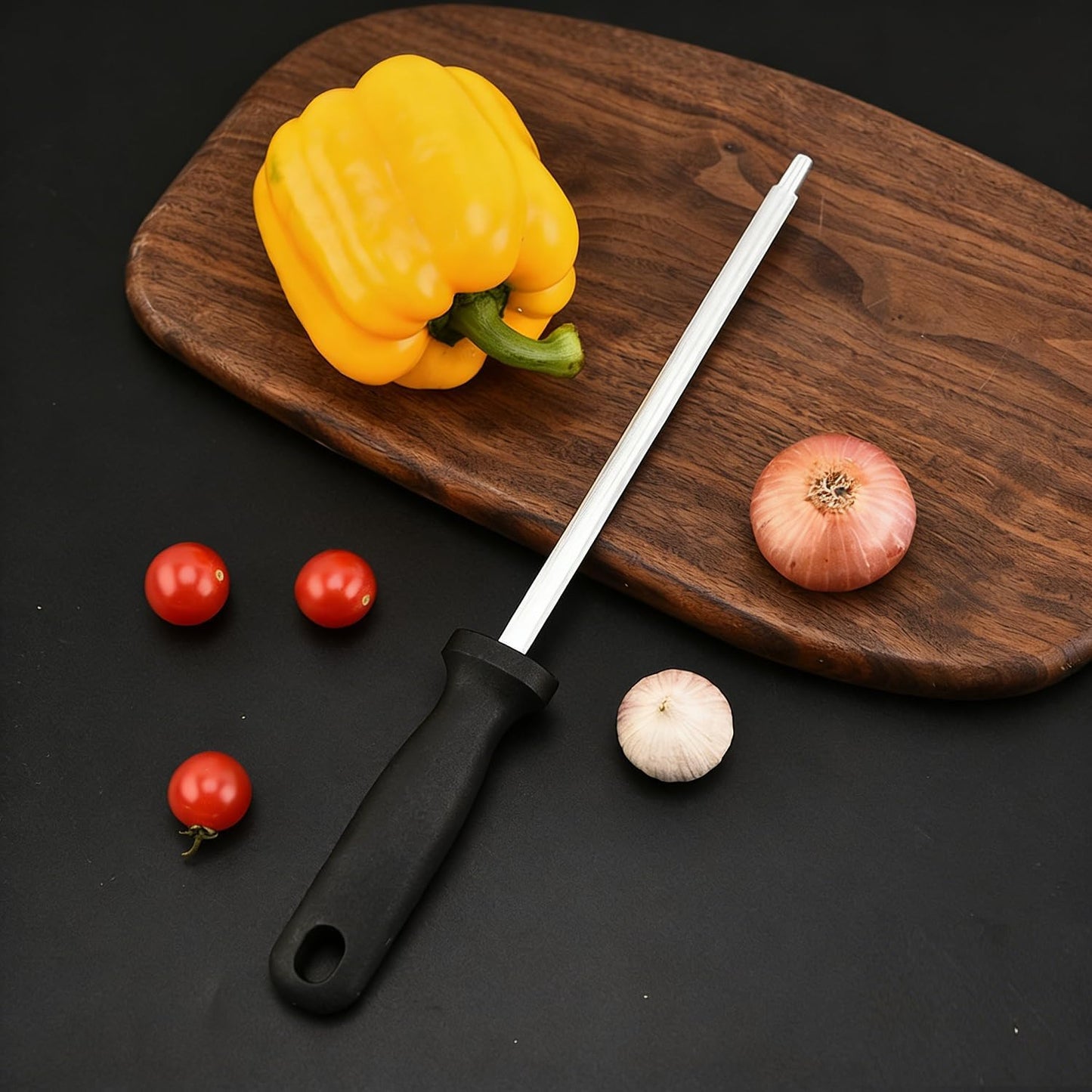 Kitchen Knife Sharpener Rod Honing Steel 8 Inches Professional Carbon Steel Knife Sharpening Honing Rod with Hanging Holes for Household, Chef, 13.2" Overall
