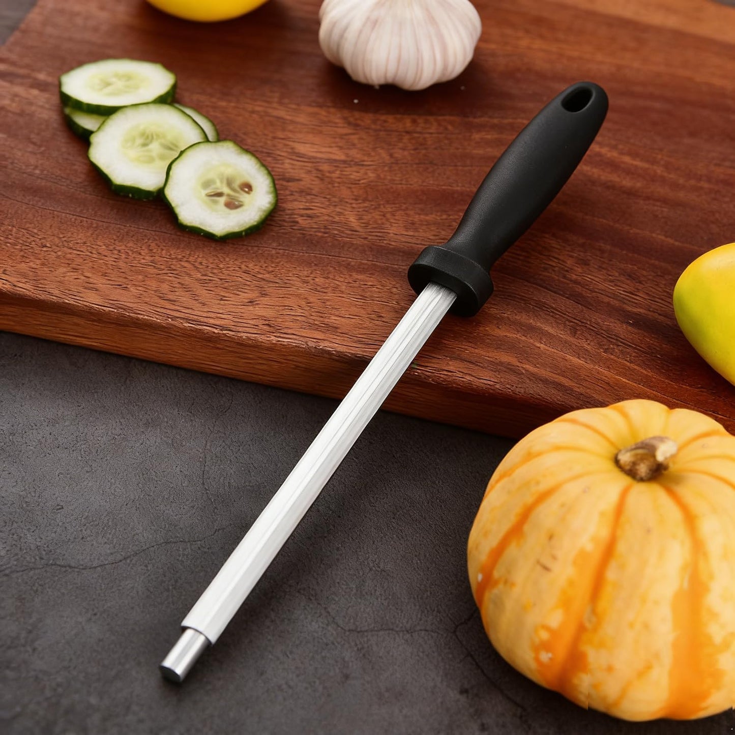 Kitchen Knife Sharpener Rod Honing Steel 8 Inches Professional Carbon Steel Knife Sharpening Honing Rod with Hanging Holes for Household, Chef, 13.2" Overall
