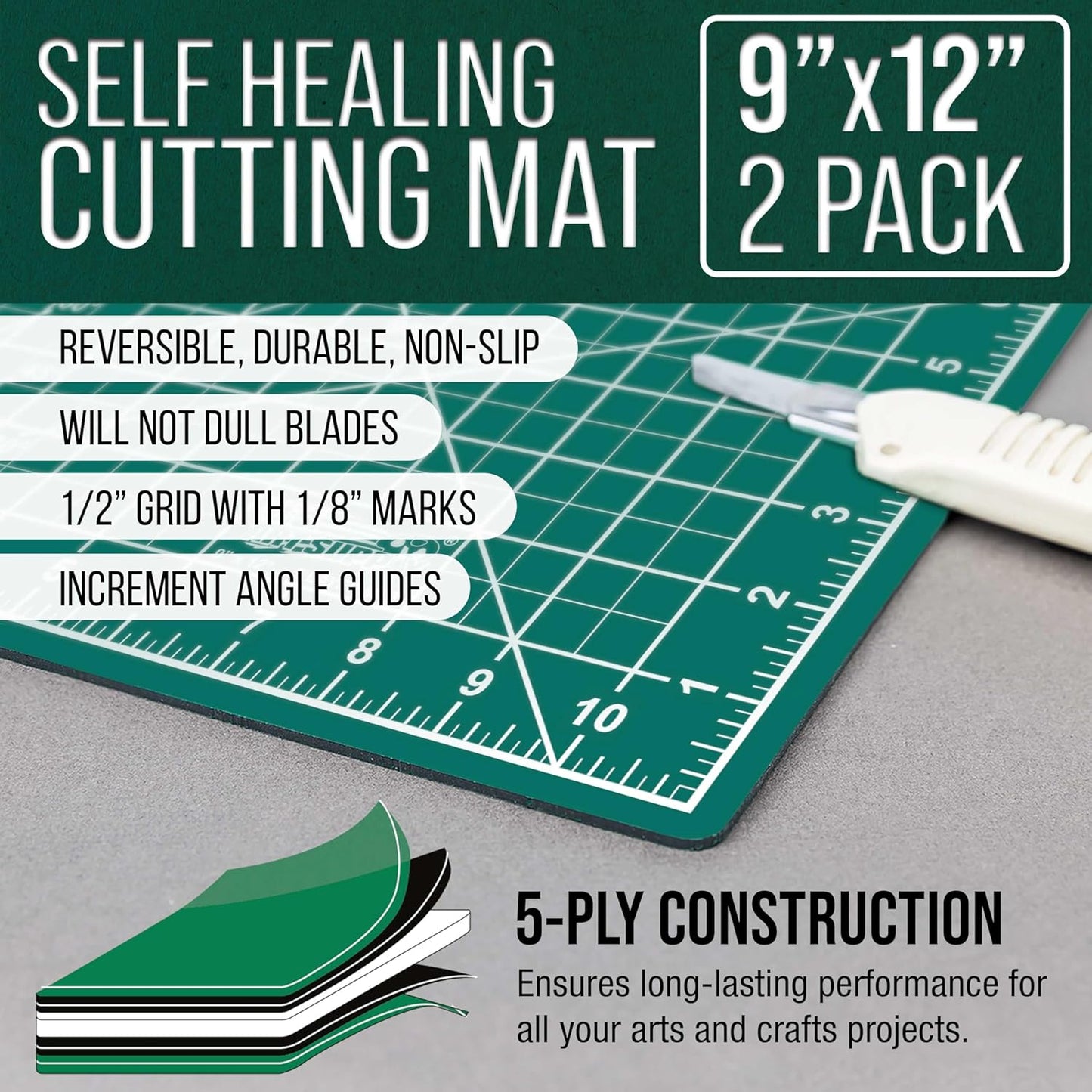 9" x 12" Self-Healing Cutting Mat 5-Ply - Double-Sided Green/Black Craft Mat, Non-Slip Cutting Mats for Crafts, Sewing, Quilting, Scrapbooking