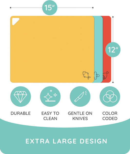 Cutting Board Alternative for Kitchen - Extra Thick Flexible Plastic Cutting Board Set of 3, Non-Slip, BPA-Free, Easy to Clean, Colored Cutting Mats for Cooking, Durable Chopping Sheets