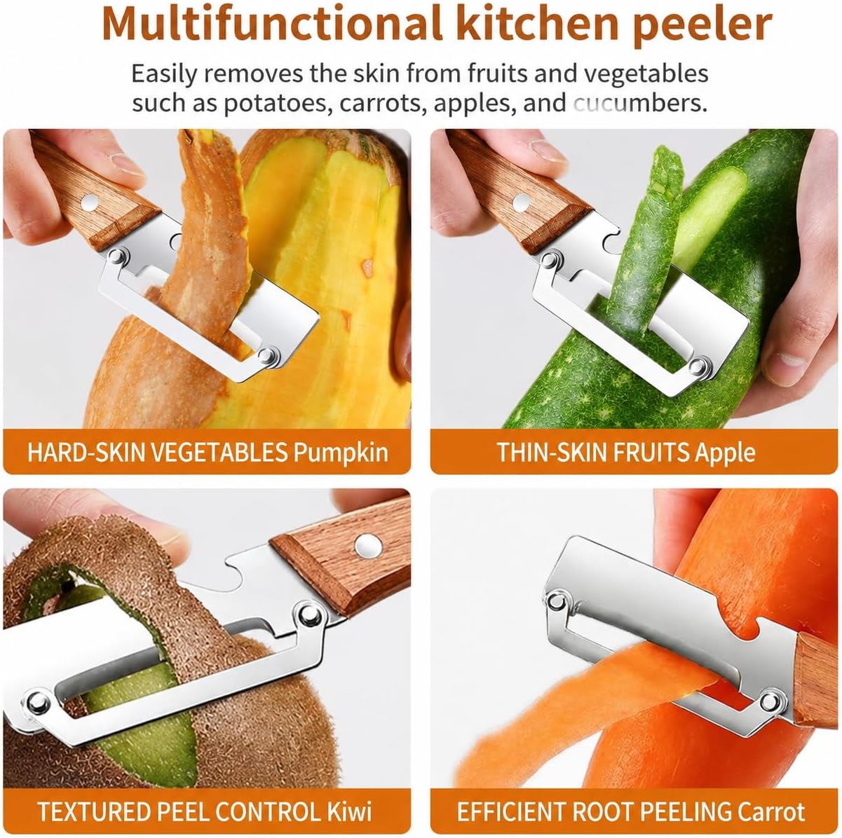 Elite Vegetable Peeler, Multifunctional Vegetable Peeler with Wooden Handle, 2-in-1 Stainless Steel Peeler with Built-In Bottle Opener, Fruit & Vegetable Kitchen Tool, 2PCS