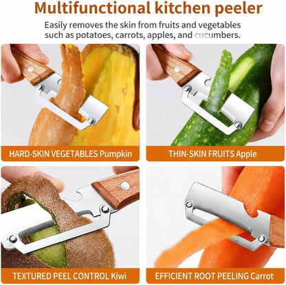 Elite Vegetable Peeler, Multifunctional Vegetable Peeler with Wooden Handle, 2-in-1 Stainless Steel Peeler with Built-In Bottle Opener, Fruit & Vegetable Kitchen Tool, 2PCS