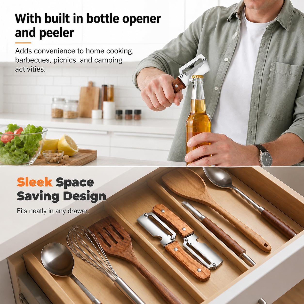 Elite Vegetable Peeler, Multifunctional Vegetable Peeler with Wooden Handle, 2-in-1 Stainless Steel Peeler with Built-In Bottle Opener, Fruit & Vegetable Kitchen Tool, 2PCS