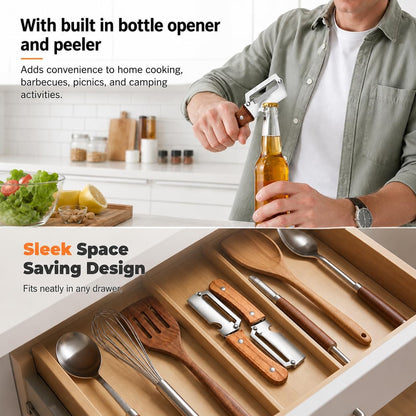 Elite Vegetable Peeler, Multifunctional Vegetable Peeler with Wooden Handle, 2-in-1 Stainless Steel Peeler with Built-In Bottle Opener, Fruit & Vegetable Kitchen Tool, 2PCS