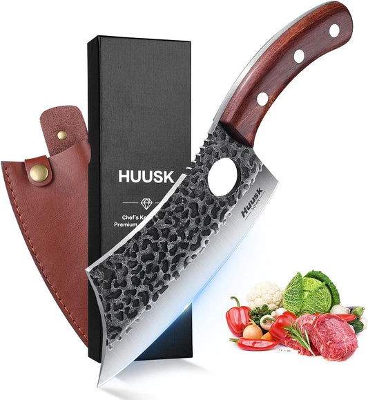 Huusk Meat Cleaver Knife with Sheath, Hand Forged Viking Knife, Mens Gifts | Japanese Style Full Tang Butcher Knife for Meat Cutting, BBQ & Outdoor Camping, Razor-Sharp Edge, Ergonomic Oak Wood Handle