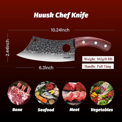 Huusk Meat Cleaver Knife with Sheath, Hand Forged Viking Knife, Mens Gifts | Japanese Style Full Tang Butcher Knife for Meat Cutting, BBQ & Outdoor Camping, Razor-Sharp Edge, Ergonomic Oak Wood Handle