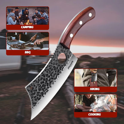 Huusk Meat Cleaver Knife with Sheath, Hand Forged Viking Knife, Mens Gifts | Japanese Style Full Tang Butcher Knife for Meat Cutting, BBQ & Outdoor Camping, Razor-Sharp Edge, Ergonomic Oak Wood Handle