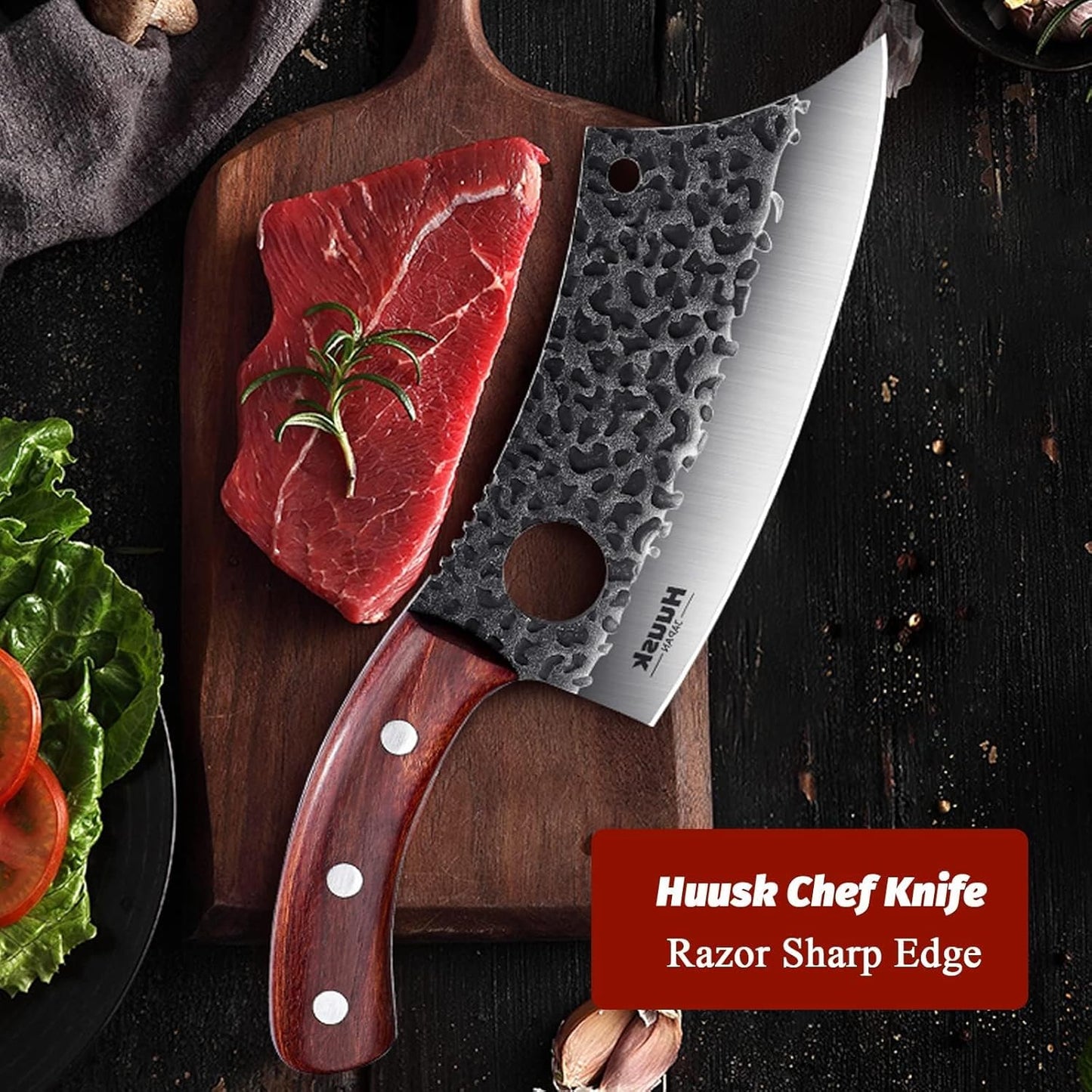 Huusk Meat Cleaver Knife with Sheath, Hand Forged Viking Knife, Mens Gifts | Japanese Style Full Tang Butcher Knife for Meat Cutting, BBQ & Outdoor Camping, Razor-Sharp Edge, Ergonomic Oak Wood Handle