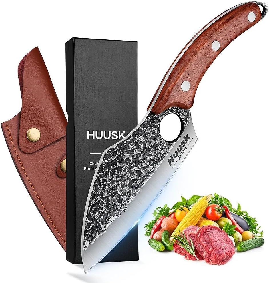 Huusk Meat Cleaver Knife with Sheath, Hand Forged Viking Knife, Mens Gifts | Japanese Style Full Tang Butcher Knife for Meat Cutting, BBQ & Outdoor Camping, Razor-Sharp Edge, Ergonomic Oak Wood Handle