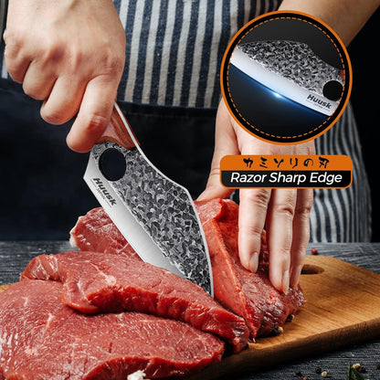 Huusk Meat Cleaver Knife with Sheath, Hand Forged Viking Knife, Mens Gifts | Japanese Style Full Tang Butcher Knife for Meat Cutting, BBQ & Outdoor Camping, Razor-Sharp Edge, Ergonomic Oak Wood Handle