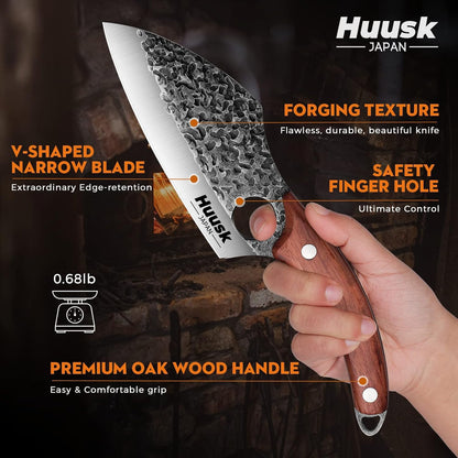 Huusk Meat Cleaver Knife with Sheath, Hand Forged Viking Knife, Mens Gifts | Japanese Style Full Tang Butcher Knife for Meat Cutting, BBQ & Outdoor Camping, Razor-Sharp Edge, Ergonomic Oak Wood Handle