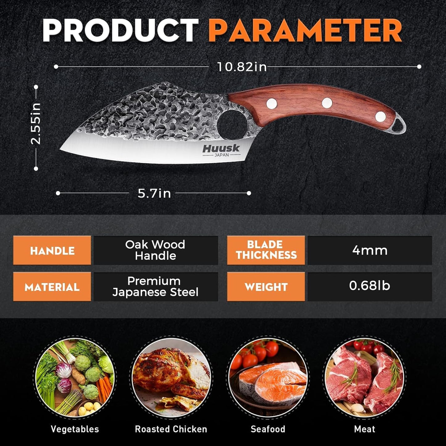 Huusk Meat Cleaver Knife with Sheath, Hand Forged Viking Knife, Mens Gifts | Japanese Style Full Tang Butcher Knife for Meat Cutting, BBQ & Outdoor Camping, Razor-Sharp Edge, Ergonomic Oak Wood Handle