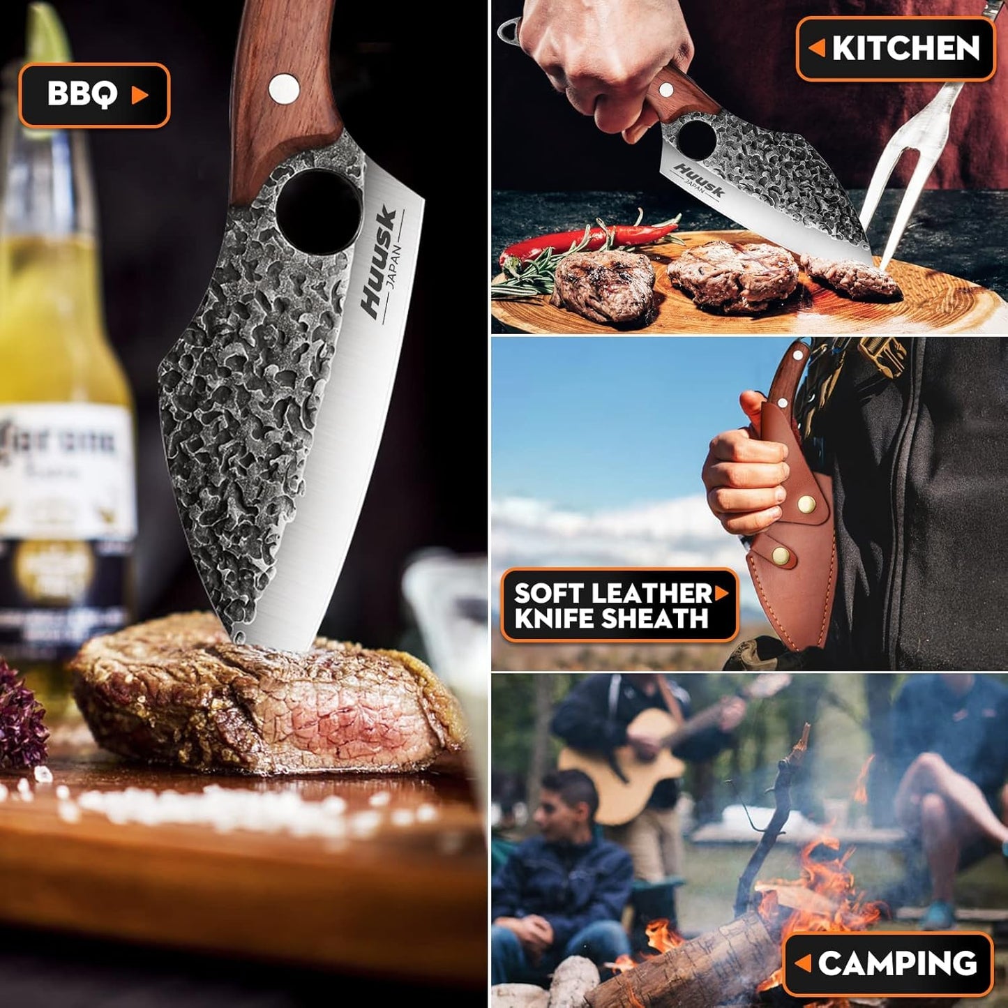 Huusk Meat Cleaver Knife with Sheath, Hand Forged Viking Knife, Mens Gifts | Japanese Style Full Tang Butcher Knife for Meat Cutting, BBQ & Outdoor Camping, Razor-Sharp Edge, Ergonomic Oak Wood Handle