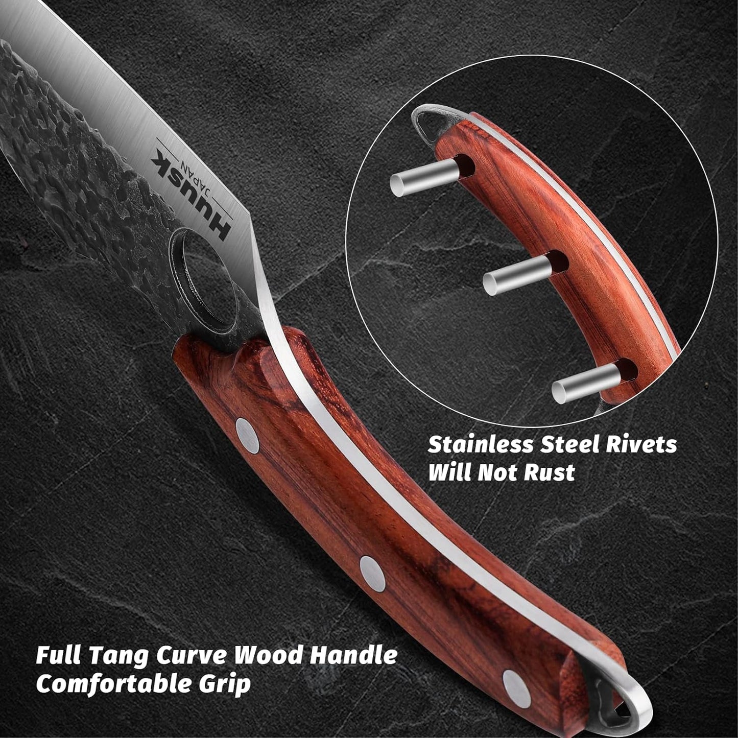 Huusk Meat Cleaver Knife with Sheath, Hand Forged Viking Knife, Mens Gifts | Japanese Style Full Tang Butcher Knife for Meat Cutting, BBQ & Outdoor Camping, Razor-Sharp Edge, Ergonomic Oak Wood Handle