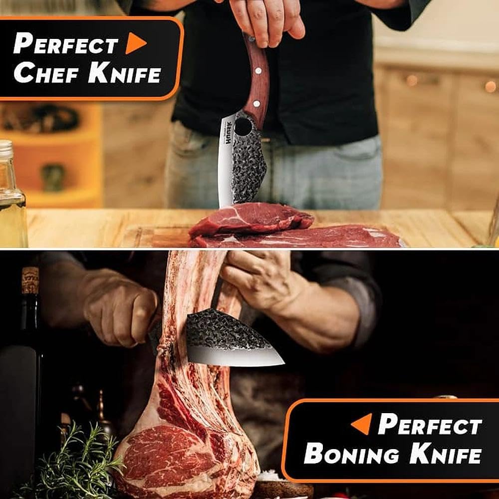 Huusk Meat Cleaver Knife with Sheath, Hand Forged Viking Knife, Mens Gifts | Japanese Style Full Tang Butcher Knife for Meat Cutting, BBQ & Outdoor Camping, Razor-Sharp Edge, Ergonomic Oak Wood Handle