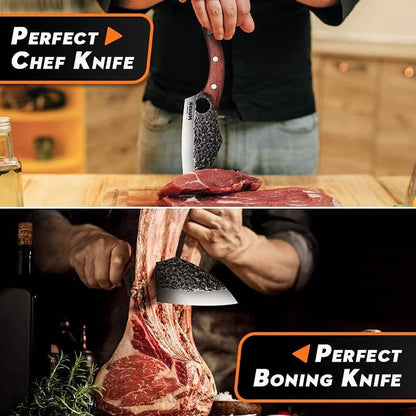 Huusk Meat Cleaver Knife with Sheath, Hand Forged Viking Knife, Mens Gifts | Japanese Style Full Tang Butcher Knife for Meat Cutting, BBQ & Outdoor Camping, Razor-Sharp Edge, Ergonomic Oak Wood Handle