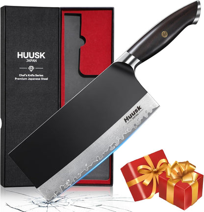 Huusk Meat Cleaver Knife with Sheath, Hand Forged Viking Knife, Mens Gifts | Japanese Style Full Tang Butcher Knife for Meat Cutting, BBQ & Outdoor Camping, Razor-Sharp Edge, Ergonomic Oak Wood Handle