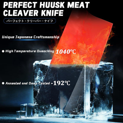 Huusk Meat Cleaver Knife with Sheath, Hand Forged Viking Knife, Mens Gifts | Japanese Style Full Tang Butcher Knife for Meat Cutting, BBQ & Outdoor Camping, Razor-Sharp Edge, Ergonomic Oak Wood Handle