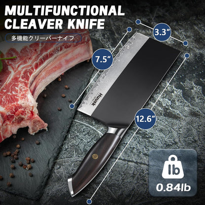 Huusk Meat Cleaver Knife with Sheath, Hand Forged Viking Knife, Mens Gifts | Japanese Style Full Tang Butcher Knife for Meat Cutting, BBQ & Outdoor Camping, Razor-Sharp Edge, Ergonomic Oak Wood Handle